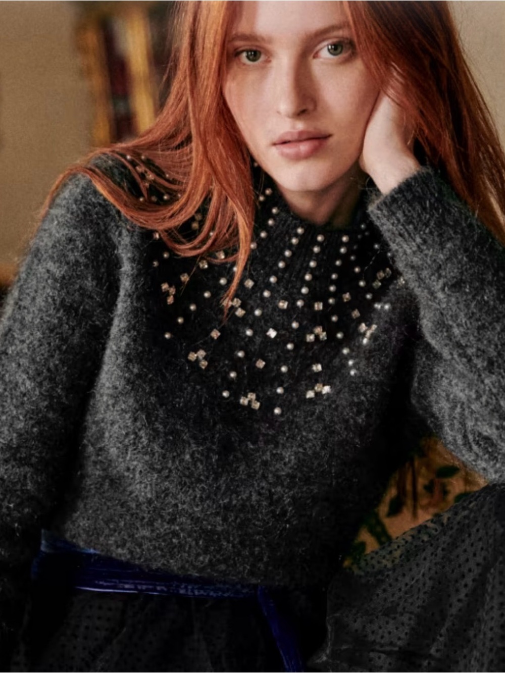 Sezane Regina Charcoal Gray Embellished Crewneck Sweater XXS